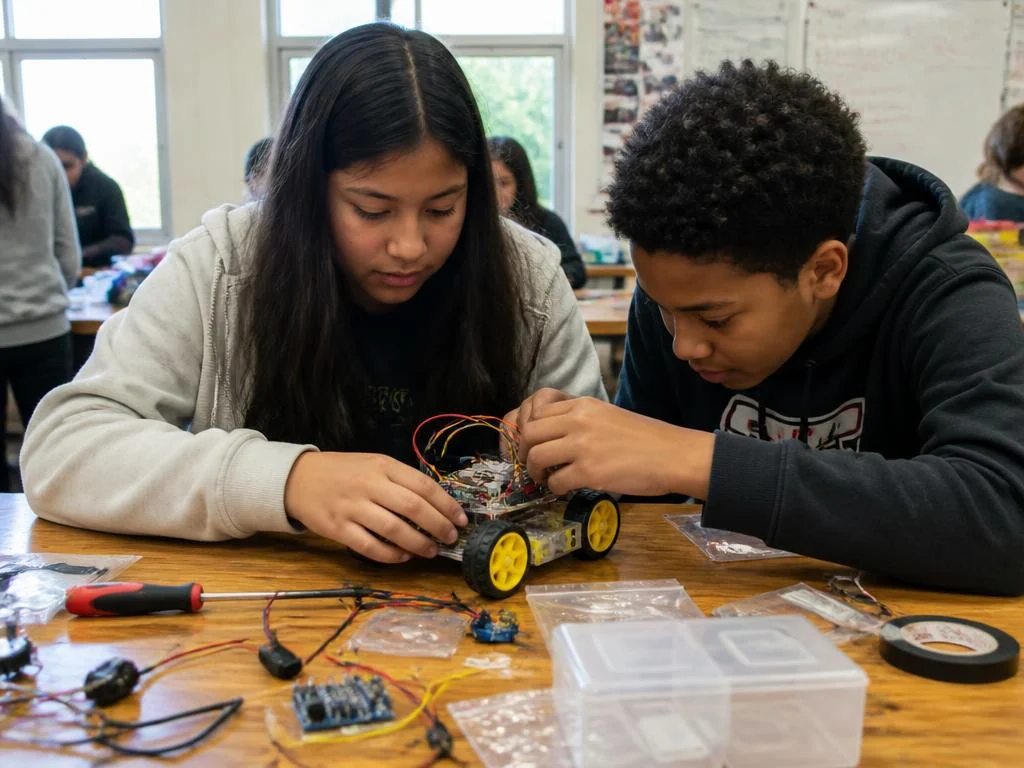 Two students building a robot together