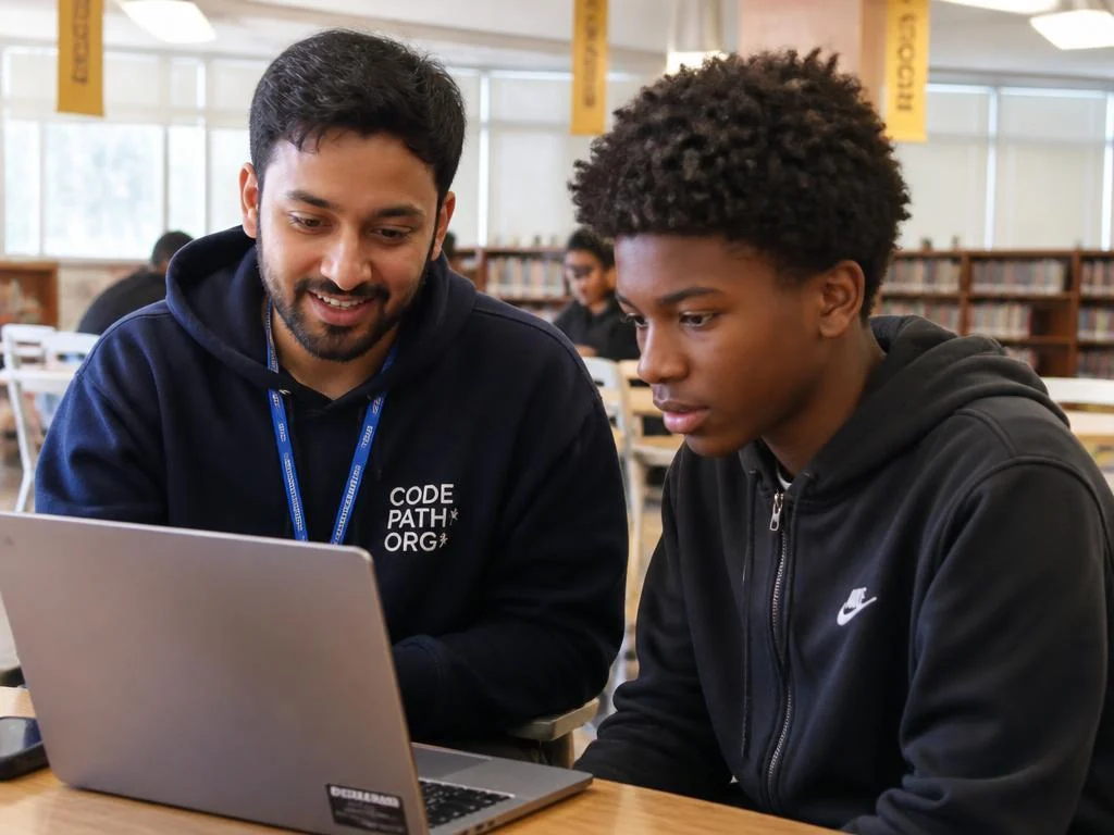 A mentor guiding a student through code on a laptop