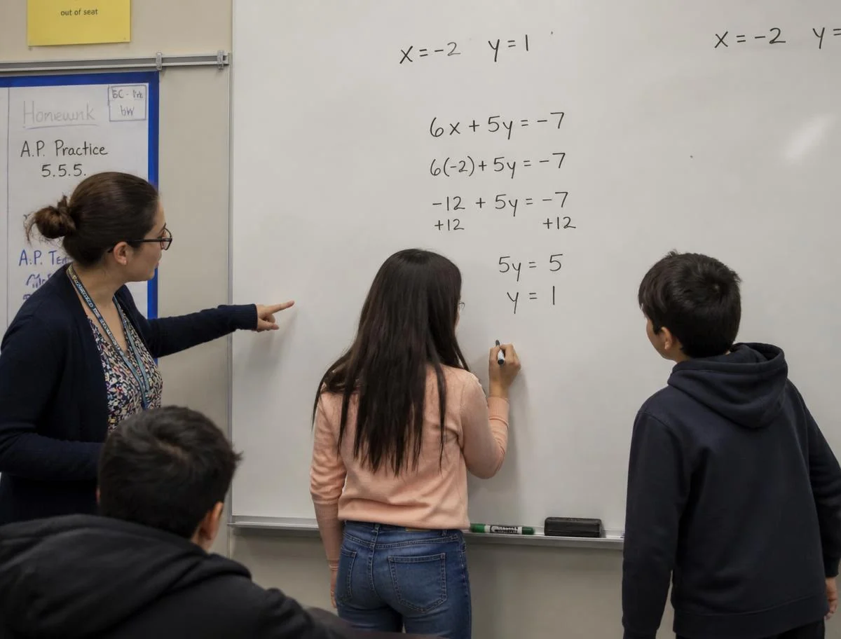 Students solving math problems at a classroom whiteboard